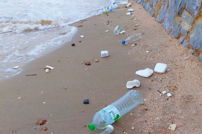 plastic bottles on beach