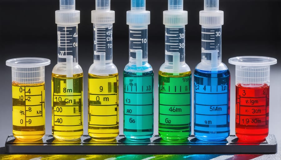 Various saltwater aquarium test kits displayed with color charts and reagent bottles