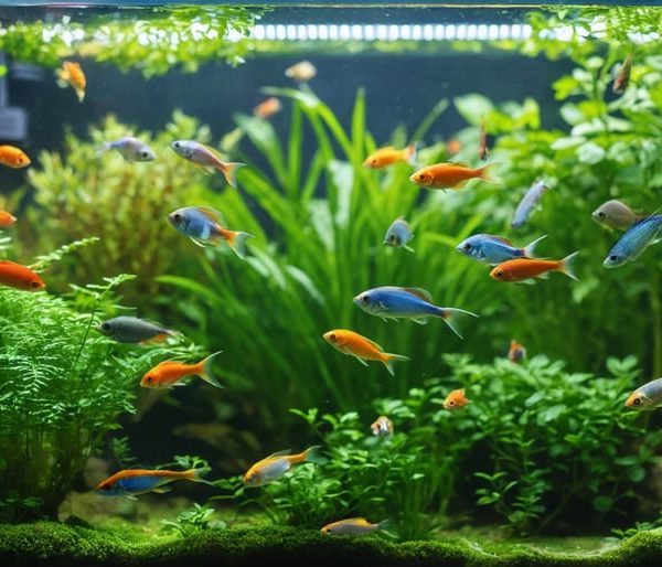 "Healthy aquarium with clear water and tropical fish indicating its beneficial properties for houseplant growth."