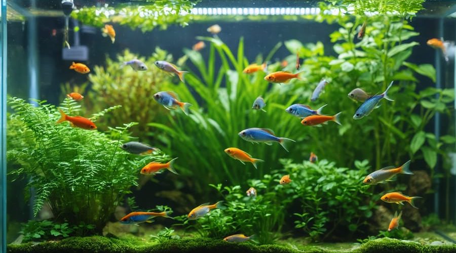 "Healthy aquarium with clear water and tropical fish indicating its beneficial properties for houseplant growth."