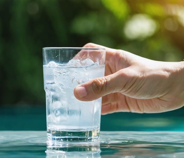 "Hand holding a clear glass of water against a backdrop of greenery, illuminated by soft morning light."