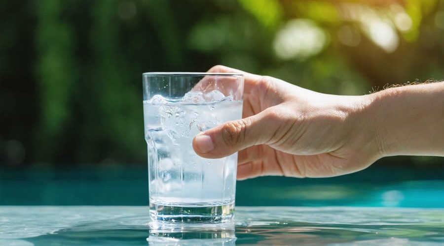 "Hand holding a clear glass of water against a backdrop of greenery, illuminated by soft morning light."