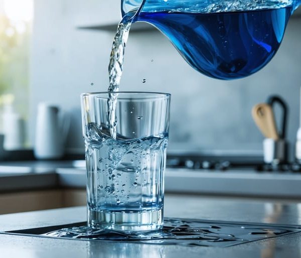 "Clear smart water pouring from a modern glass pitcher into a transparent glass, highlighting the water's clarity in a minimalist kitchen setting."