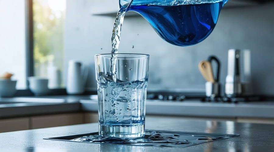 "Clear smart water pouring from a modern glass pitcher into a transparent glass, highlighting the water's clarity in a minimalist kitchen setting."
