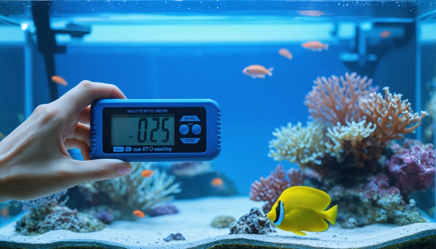 Hand holding a digital refractometer testing saltwater aquarium water