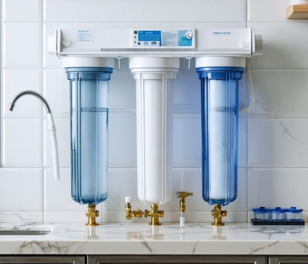 "Home-installed water filtration system featuring three connected filter housings on a kitchen counter."