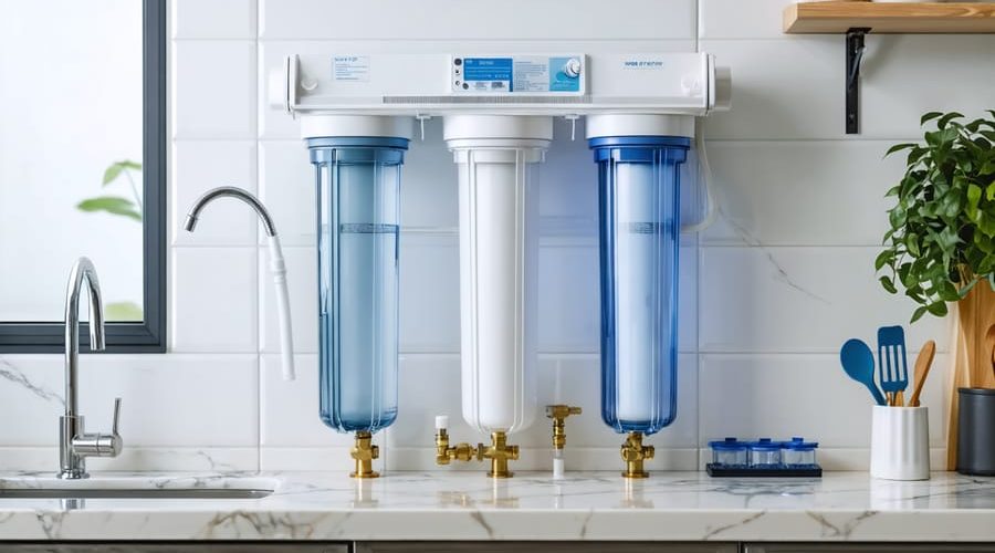 "Home-installed water filtration system featuring three connected filter housings on a kitchen counter."