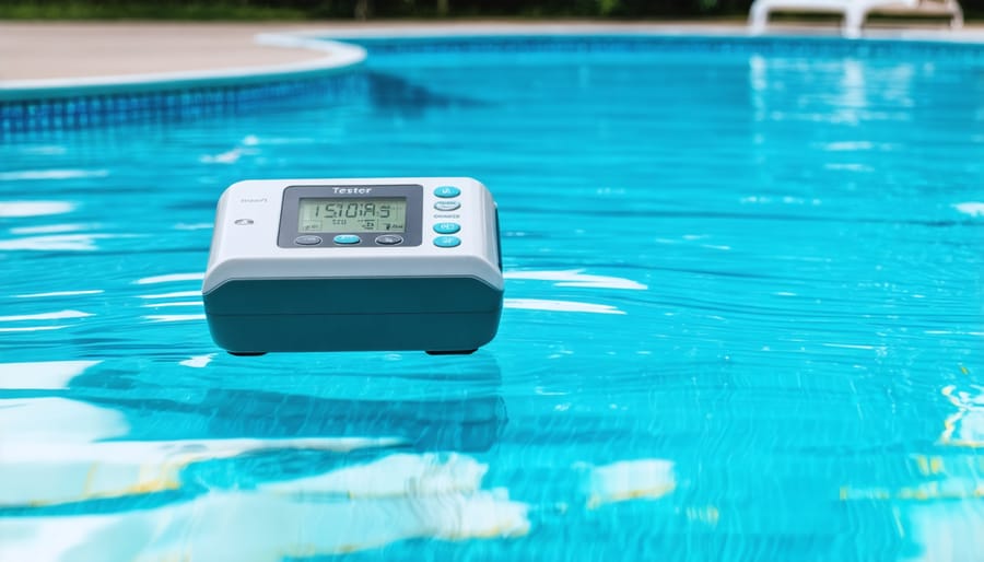 Electronic pool water tester held above clear swimming pool water