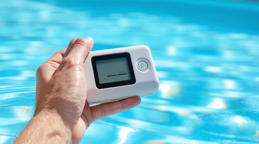 "Modern electronic pool water tester held by hand above a clear swimming pool, displaying digital readings."