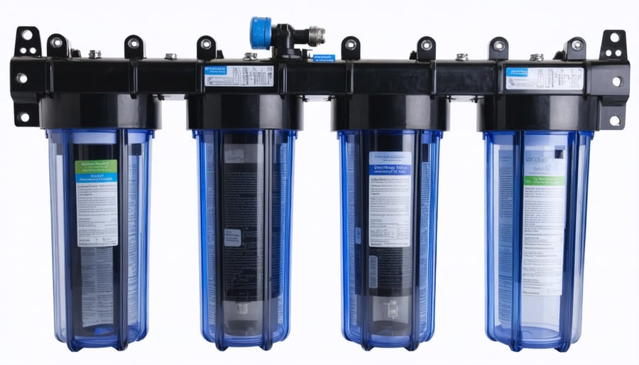 Three clear water filter housings mounted vertically on wall