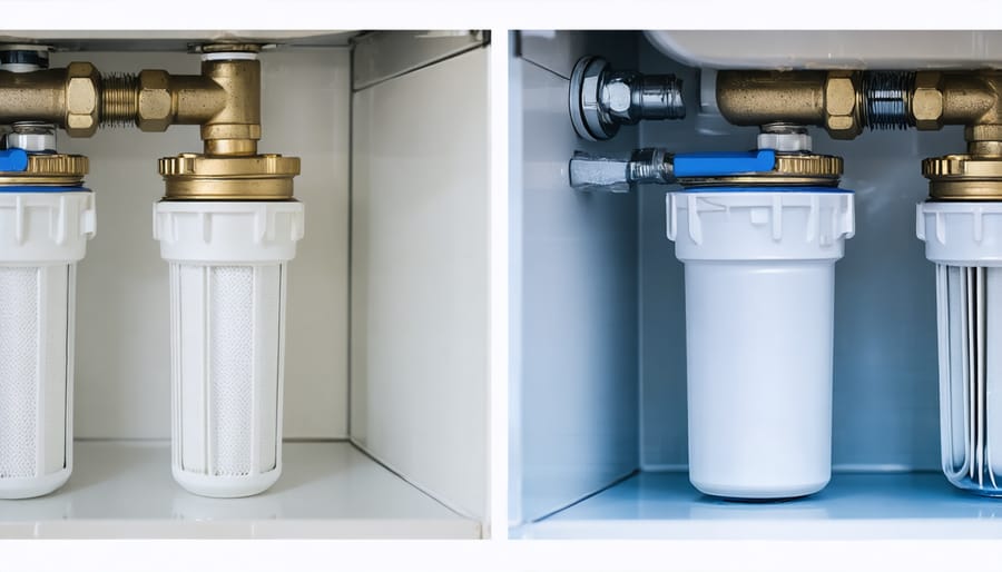 Sequential images showing the installation process of a home water filtration system