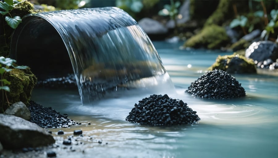 Close-up view of water filter cross-section showing natural filtration materials
