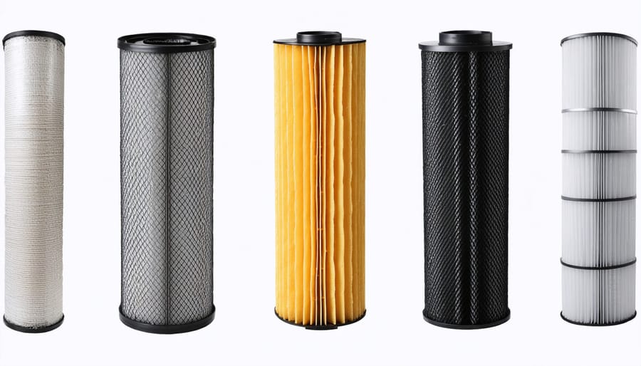 Collection of water filter media including carbon granules, sediment material, and filter membrane