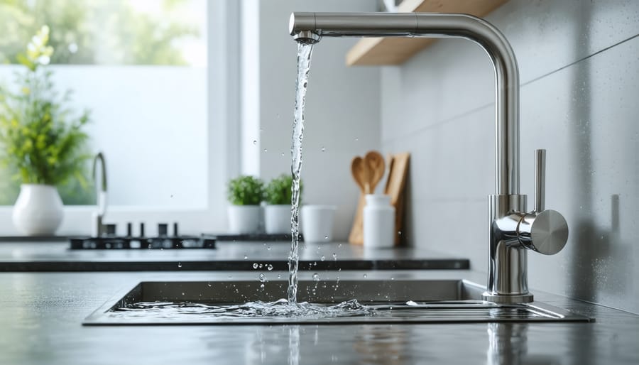 Clear water streaming from chrome faucet into drinking glass