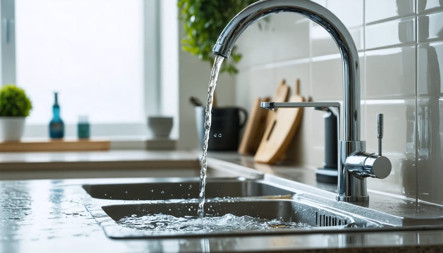 Clear water stream pouring from modern faucet into drinking glass