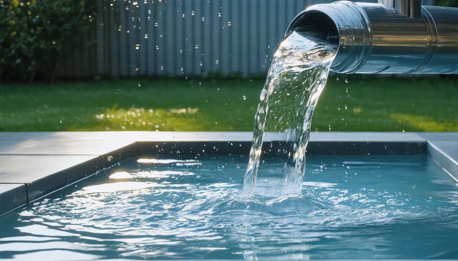Clear water flowing from a home water filter into a drinking glass