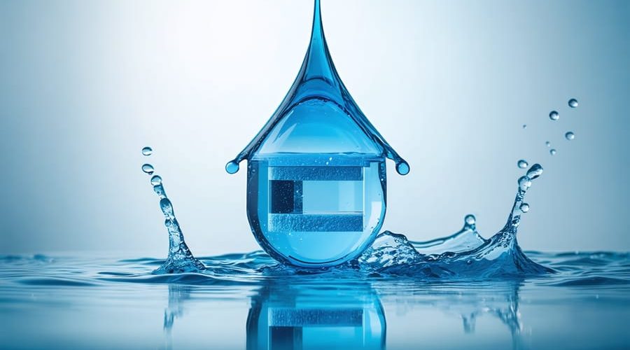 A conceptual illustration of a home surrounded by a protective water droplet filled with layers of filtration, symbolizing the removal of fluoride and ensuring pure drinking water.