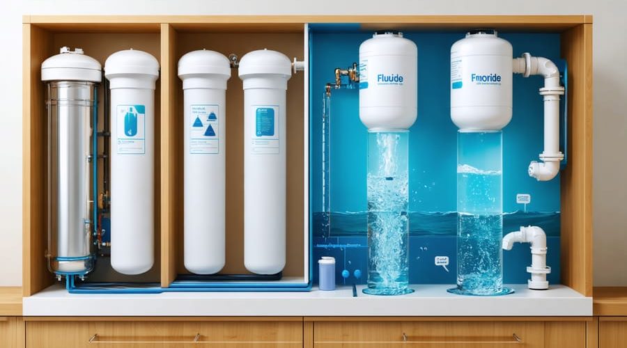 An illustrative image of a kitchen setup with different water filtration systems such as reverse osmosis, activated alumina, and bone char filters, showing the detailed process of removing fluoride from drinking water.