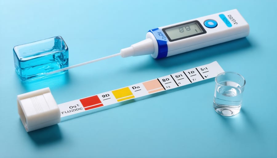 Water testing equipment displaying fluoride measurement tools and results
