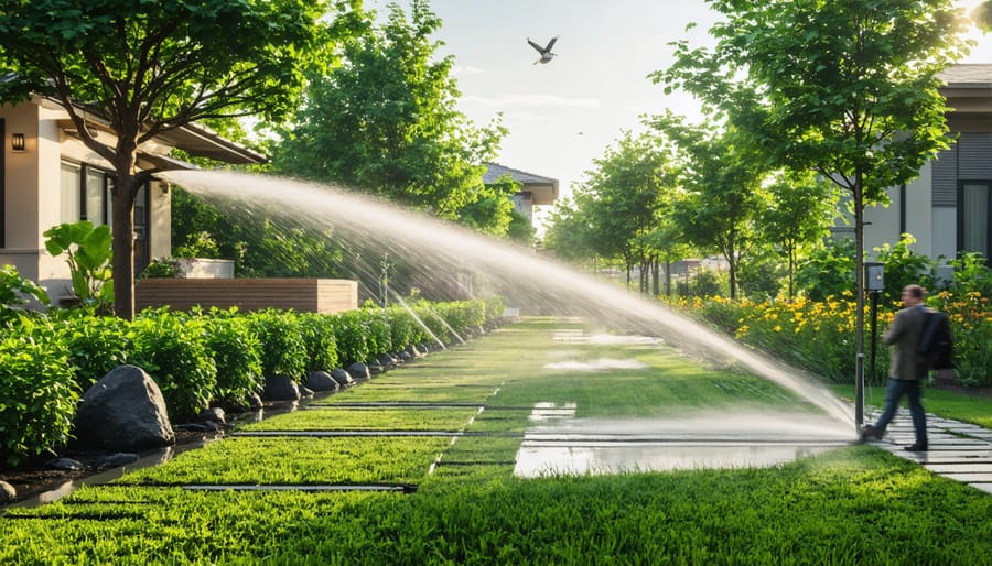 Healthy garden with drip irrigation system watering ornamental plants and shrubs