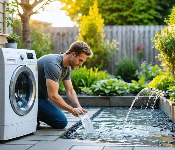 Homeowner inspecting a compact greywater filtration unit next to a washing machine, with a pipe leading outdoors to drip irrigation watering green garden beds in warm afternoon light.