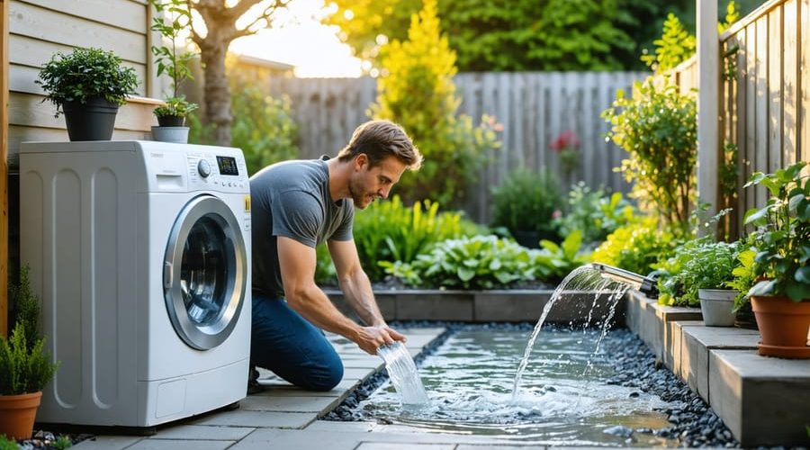 Homeowner inspecting a compact greywater filtration unit next to a washing machine, with a pipe leading outdoors to drip irrigation watering green garden beds in warm afternoon light.