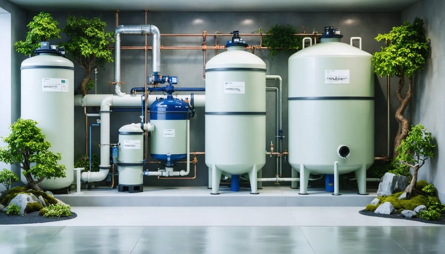 Residential greywater recycling system with filtration tank and plumbing in basement utility room