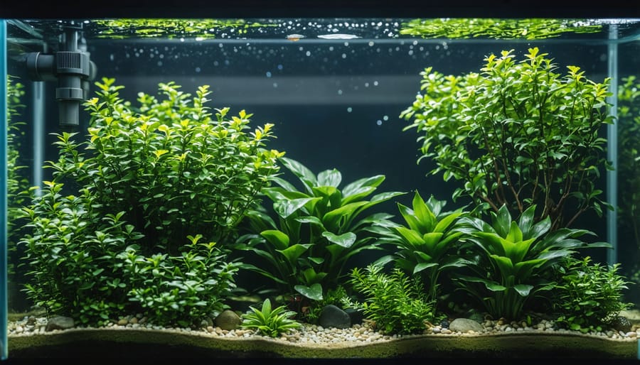 Healthy aquarium with clear water, tropical fish, and thriving aquatic plants