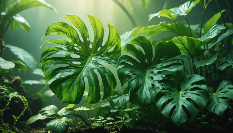 Vibrant monstera plant with large healthy green leaves