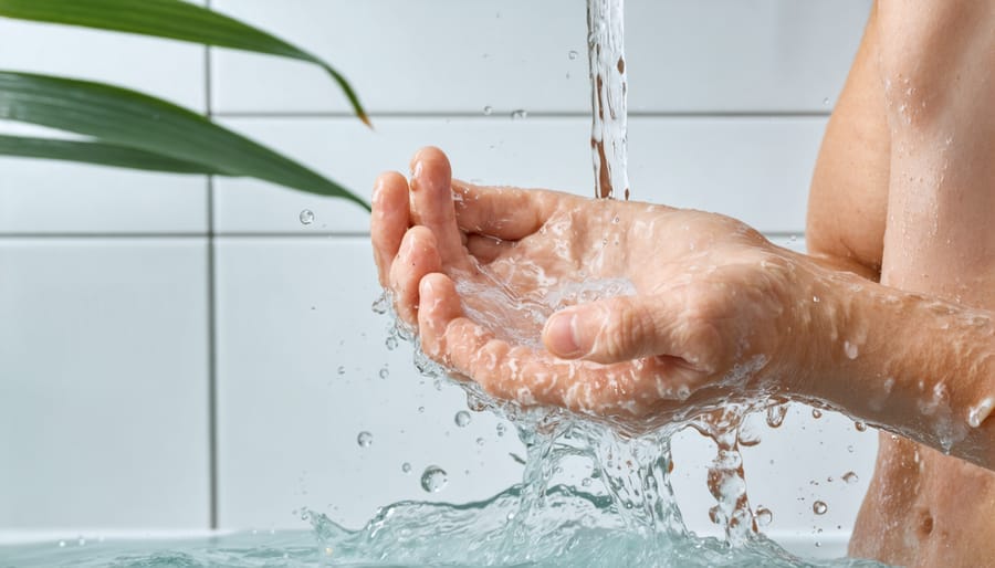 Modern bathroom with shower and sink fixtures in use showing greywater sources