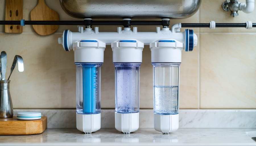 Installed three-stage water filtration system under kitchen sink