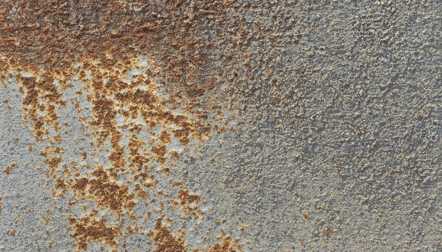 Close-up of rust-colored mineral stains on white porcelain sink