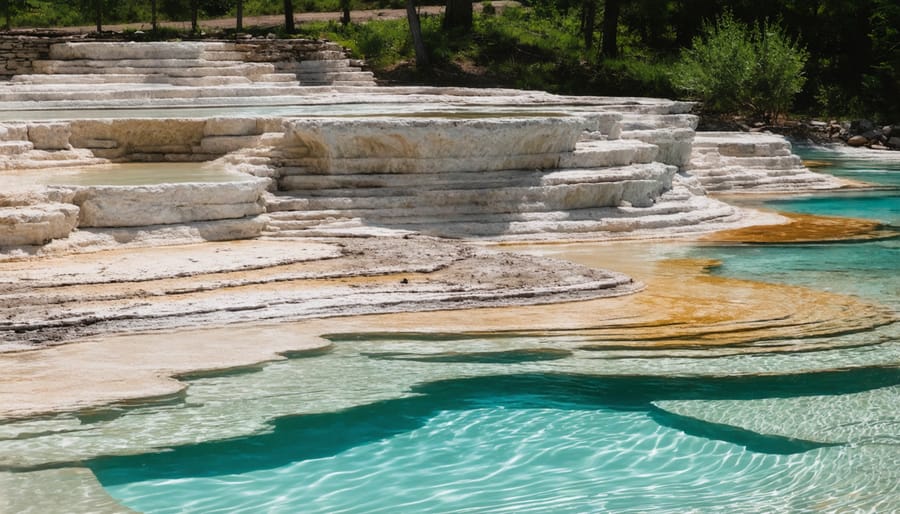Natural spring water flowing over mineral-rich rocks
