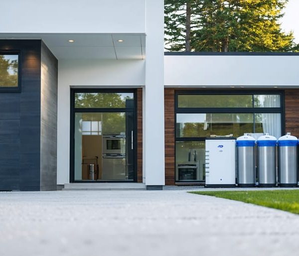 "Exterior of a modern home with an installed whole house water filtration system near the entry point."