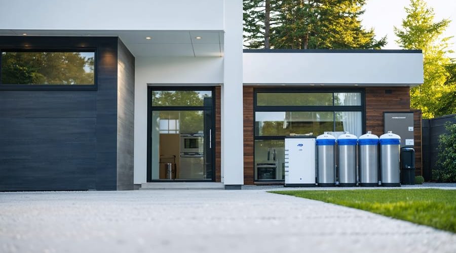 "Exterior of a modern home with an installed whole house water filtration system near the entry point."