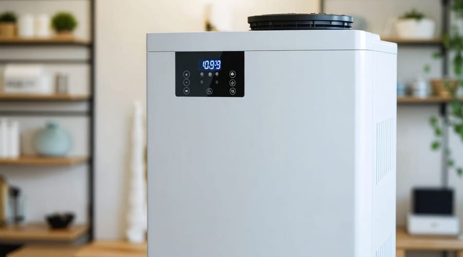 "Modern whole-house water softener system installed in a clean utility room setting."