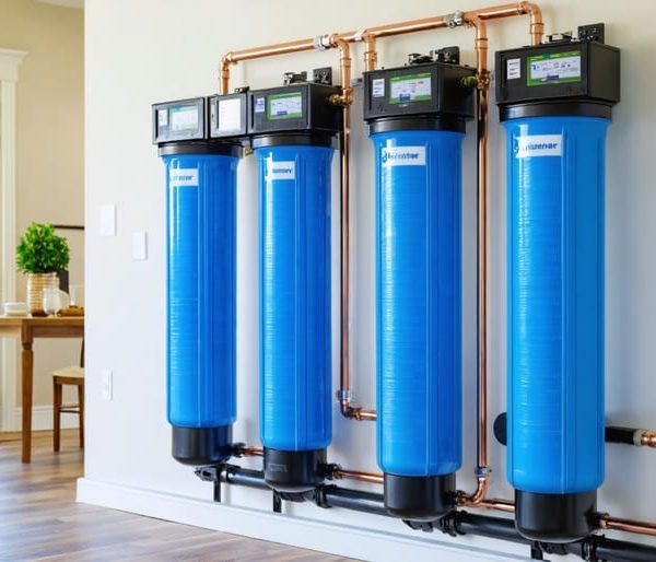 "A modern whole house water filtration system with blue filter housings and copper pipes mounted on a clean basement wall."