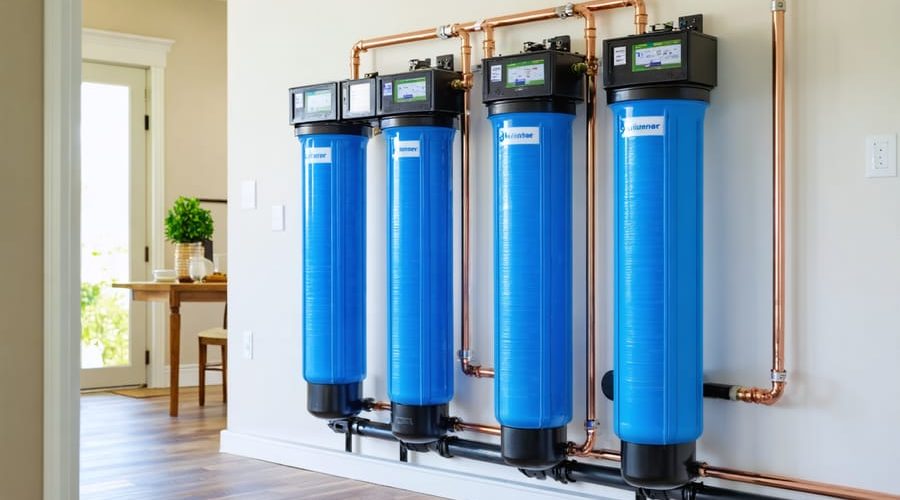 "A modern whole house water filtration system with blue filter housings and copper pipes mounted on a clean basement wall."