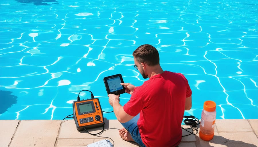 Pool technician using electronic water tester at edge of swimming pool