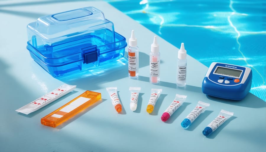 Various pool water testing equipment including test strips, reagent kit, and electronic tester