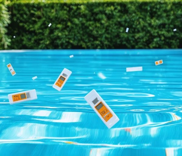 Transparent overlay of pool water test strips and digital testers above a clear swimming pool, surrounded by greenery, representing accurate and balanced pool water testing.