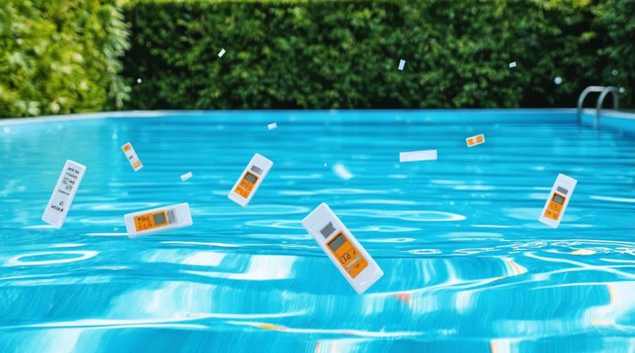 Transparent overlay of pool water test strips and digital testers above a clear swimming pool, surrounded by greenery, representing accurate and balanced pool water testing.