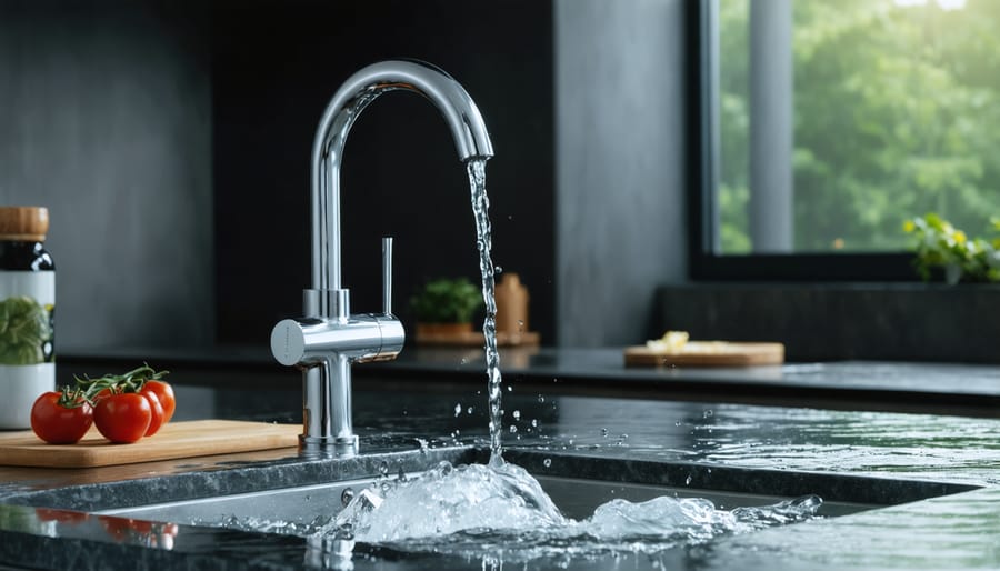Crystal clear water flowing from modern kitchen faucet into glass