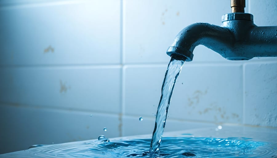 Crystal clear water streaming from kitchen faucet into glass