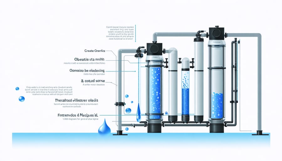 Technical diagram showing how water flows through different stages of a reverse osmosis filtration system