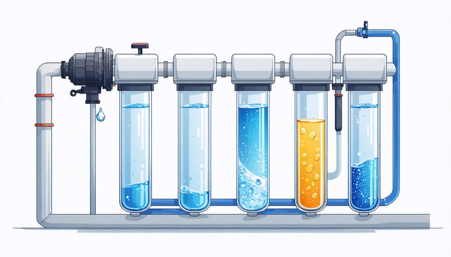 Cross-sectional diagram of a reverse osmosis water filtration system with labeled components