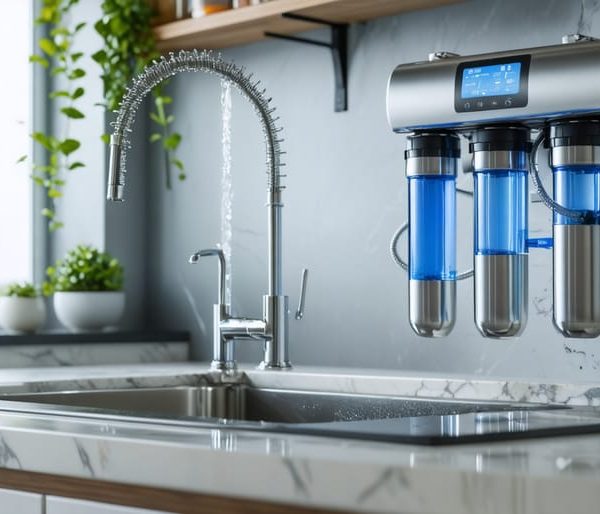 "Sleek reverse osmosis water filtration system installed under a kitchen sink with clean, modern design."