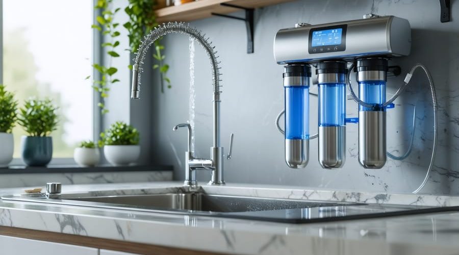 "Sleek reverse osmosis water filtration system installed under a kitchen sink with clean, modern design."