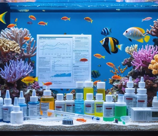 A range of aquarium test kits, digital meters, and vibrant color charts arranged beside a lush saltwater aquarium filled with lively coral reefs and marine life, illustrating the role of diligent water testing in marine ecosystem health.