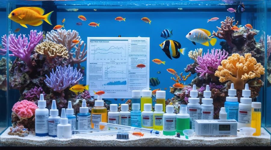 A range of aquarium test kits, digital meters, and vibrant color charts arranged beside a lush saltwater aquarium filled with lively coral reefs and marine life, illustrating the role of diligent water testing in marine ecosystem health.